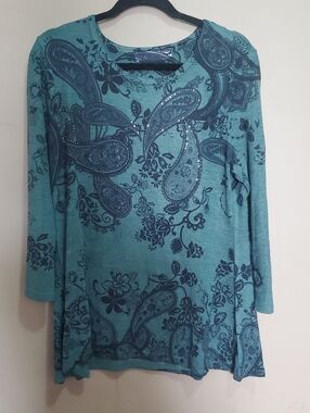 Domani Women's Teal Paisley Long-Sleeve Top Size Large